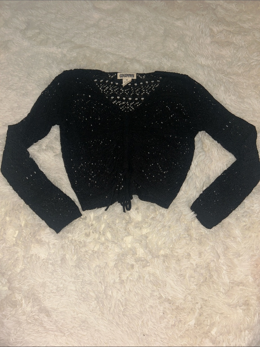 Crochet Tie-Front Black Knit Cardigan